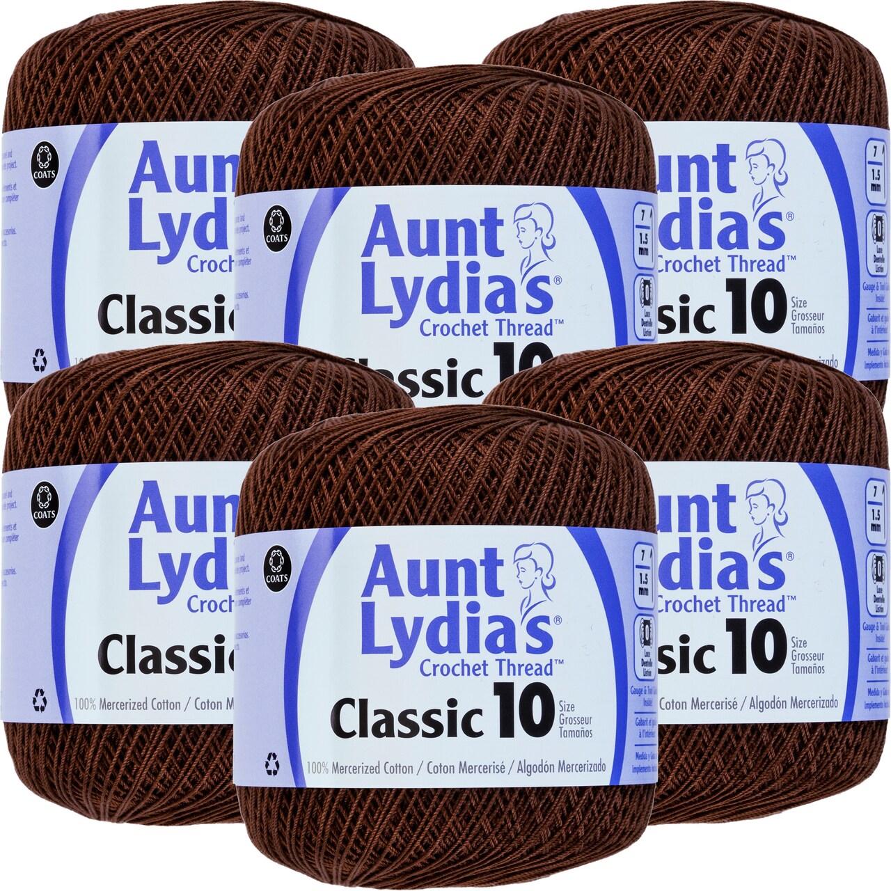 Multipack of 6 - Aunt Lydia's Classic Crochet Thread Size 10-Fudge Brown